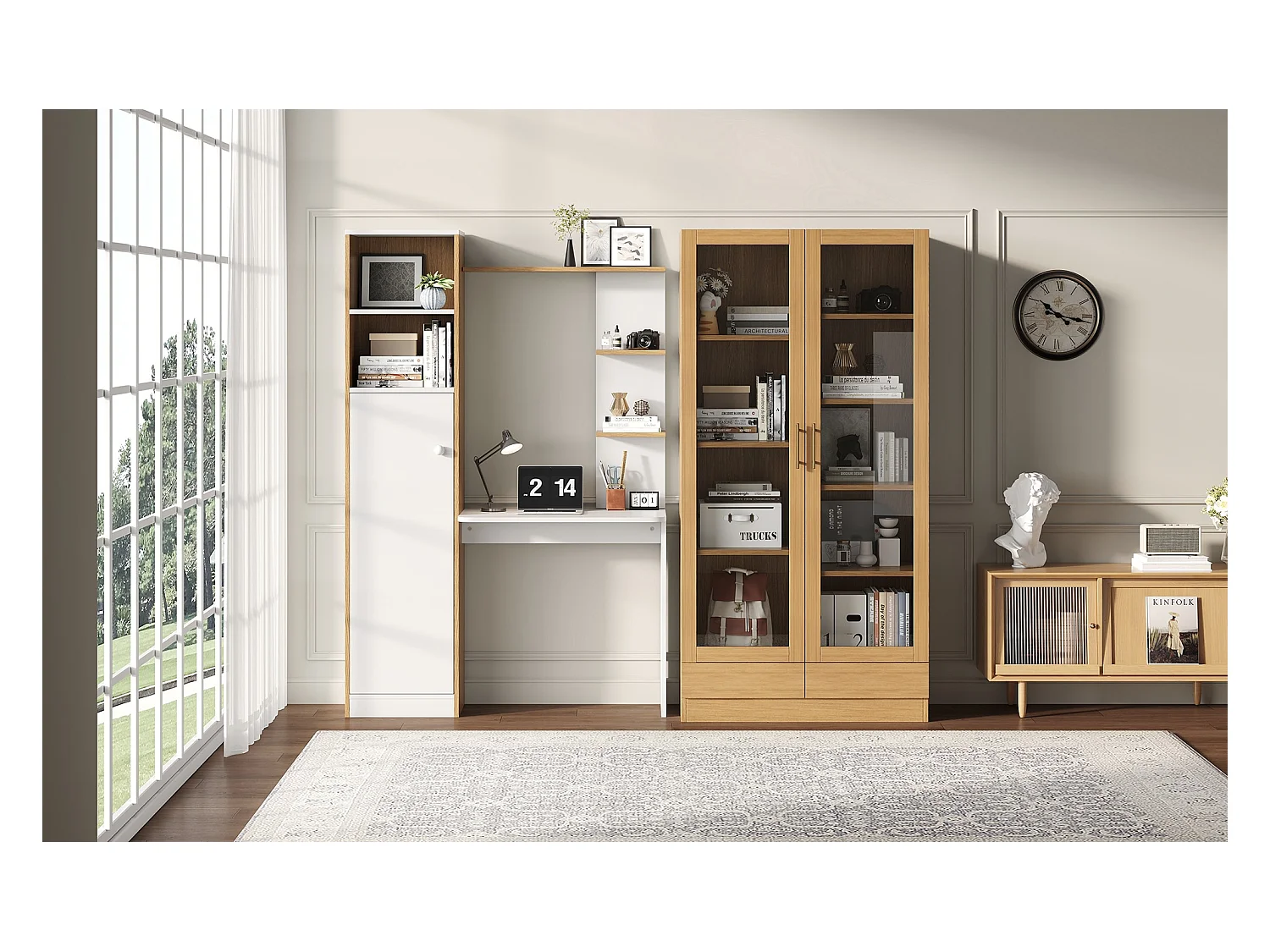 Glasvitrine - 80 x 40 x 160 cm - versetzte Regale - mit 2 Schubladen - MDF - natur