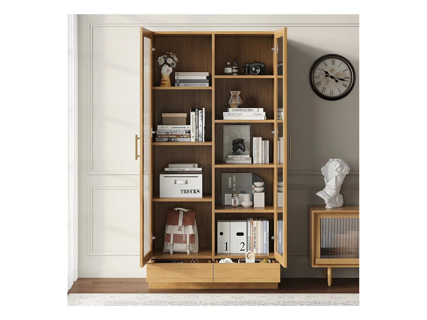 Glasvitrine - 80 x 40 x 160 cm - versetzte Regale - mit 2 Schubladen - MDF - natur