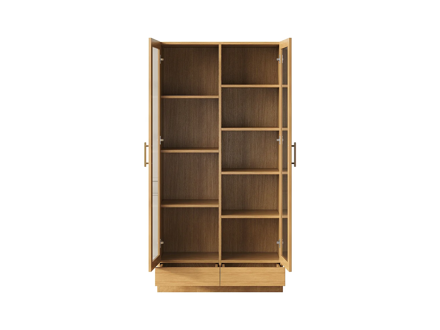 Glasvitrine - 80 x 40 x 160 cm - versetzte Regale - mit 2 Schubladen - MDF - natur