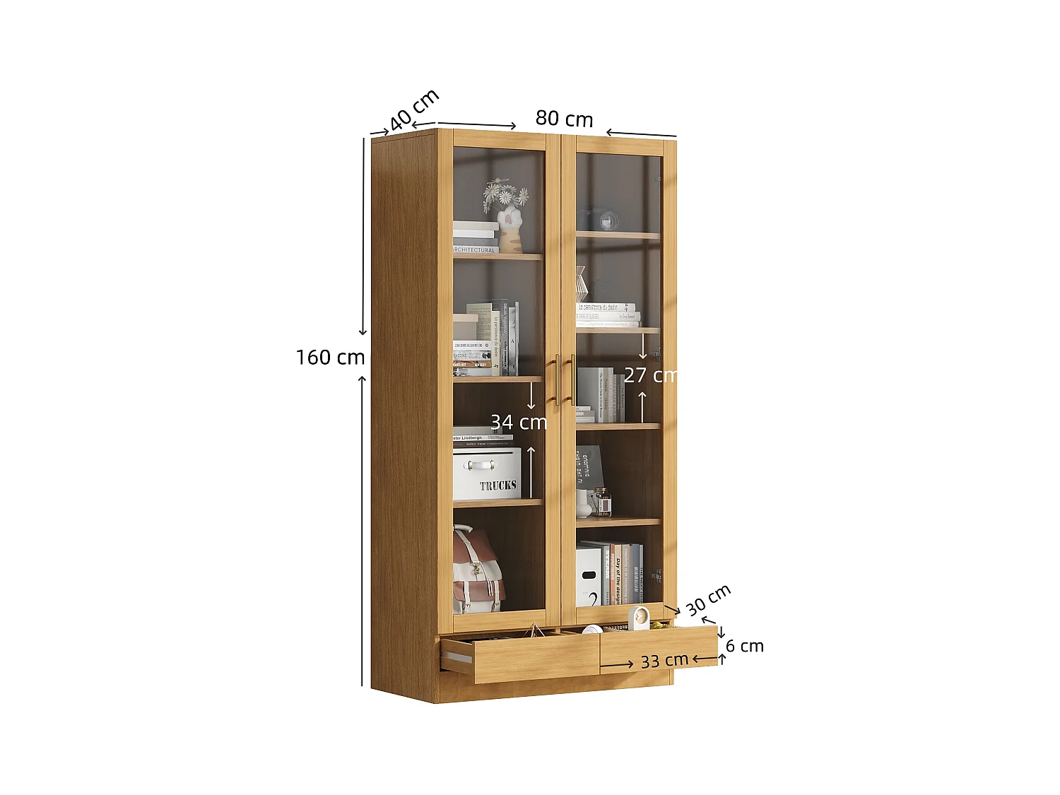 Glasvitrine - 80 x 40 x 160 cm - versetzte Regale - mit 2 Schubladen - MDF - natur
