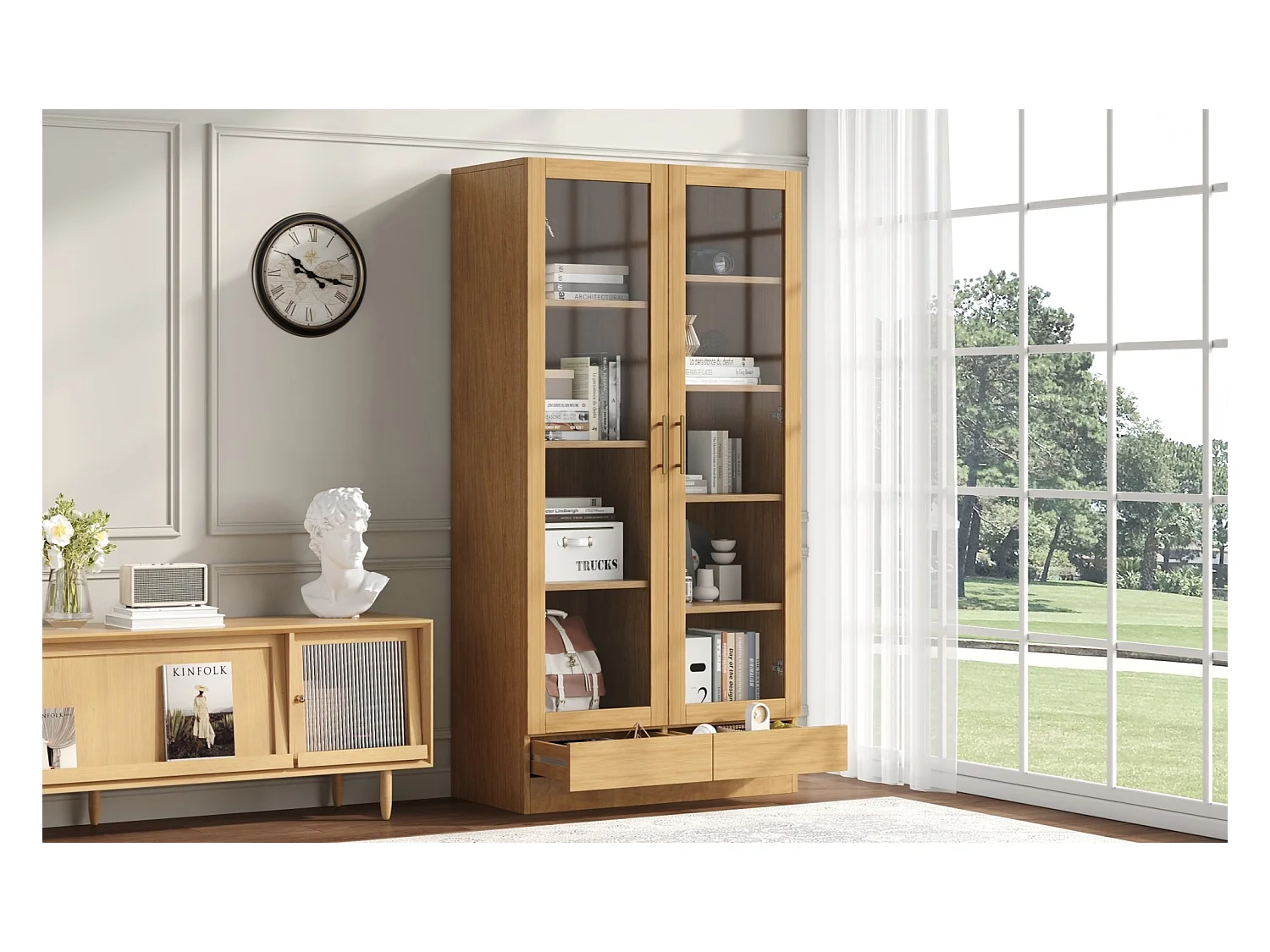 Glasvitrine - 80 x 40 x 160 cm - versetzte Regale - mit 2 Schubladen - MDF - natur
