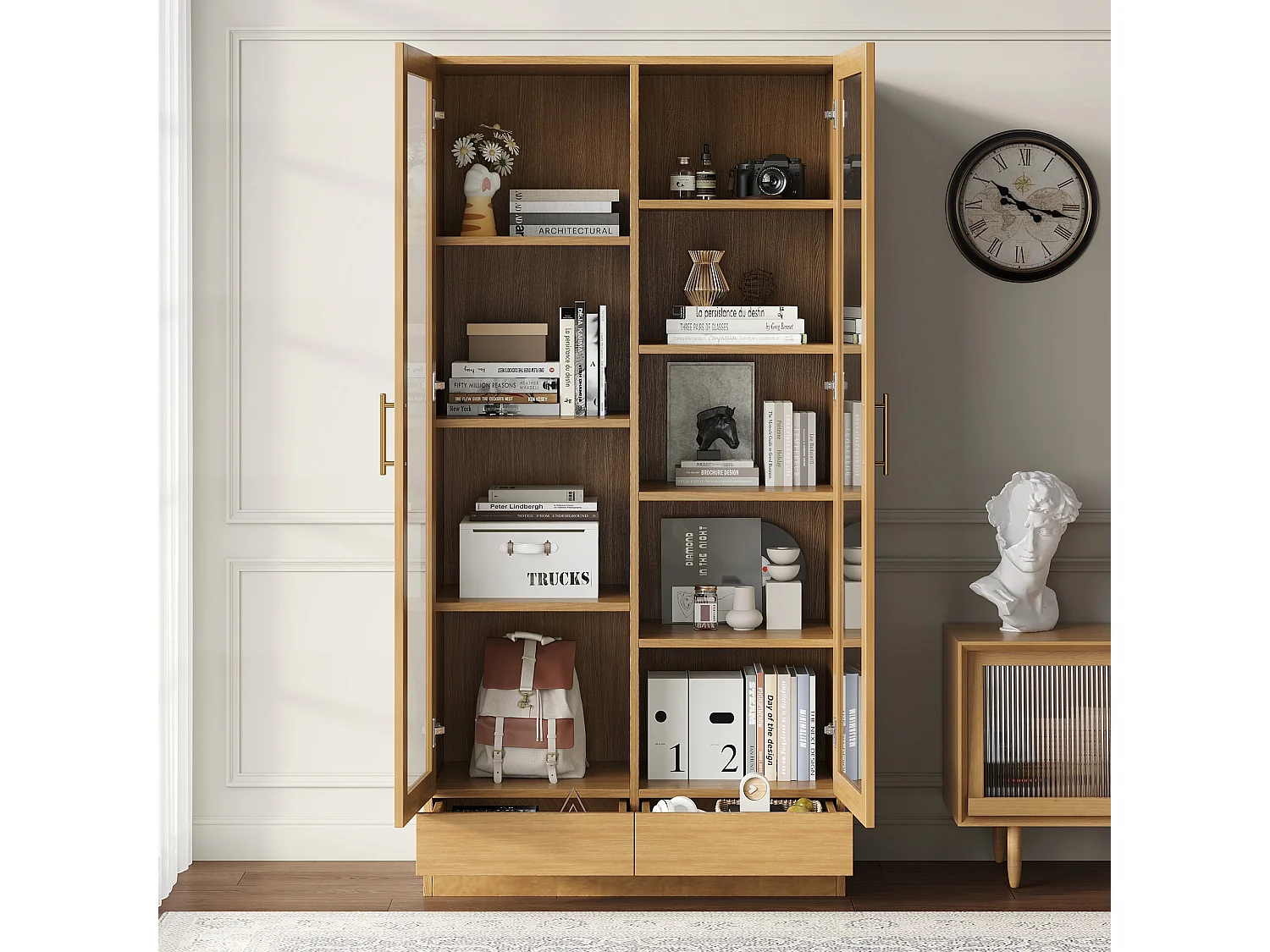 Vitrine en verre - 80 x 40 x 160 cm - étagères décalées - avec 2 tiroirs - MDF - naturel