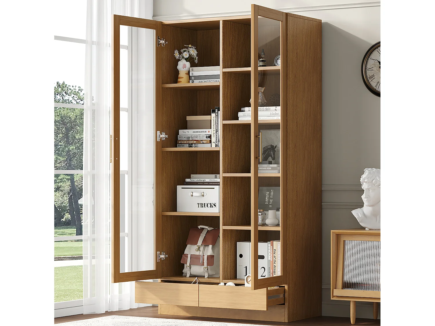 Vitrine en verre - 80 x 40 x 160 cm - étagères décalées - avec 2 tiroirs - MDF - naturel