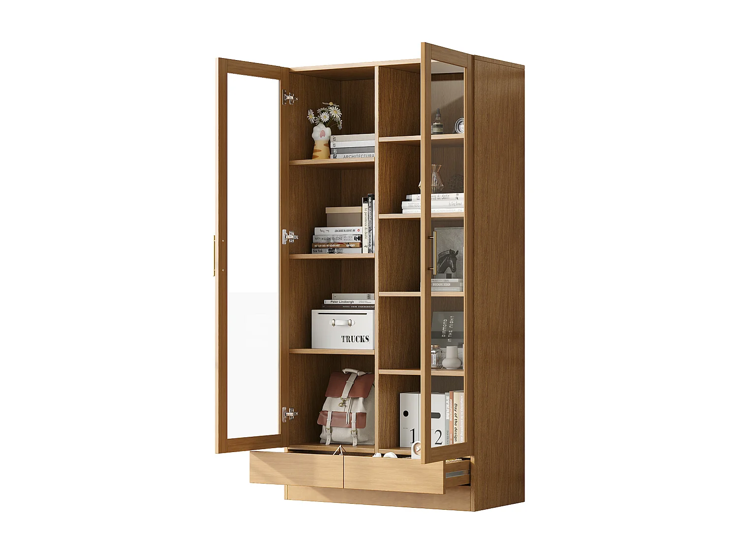 Vitrine en verre - 80 x 40 x 160 cm - étagères décalées - avec 2 tiroirs - MDF - naturel