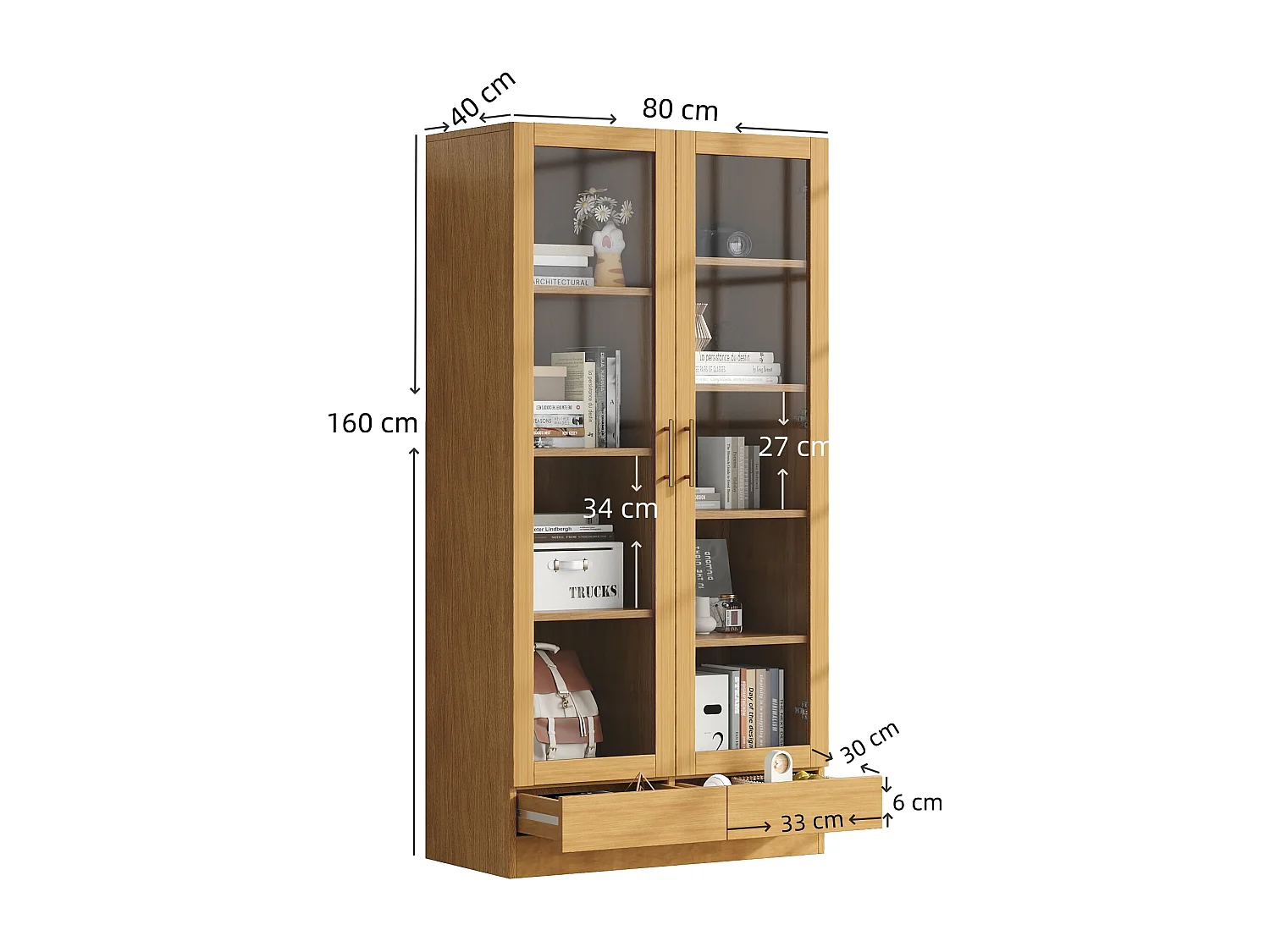 Vitrine en verre - 80 x 40 x 160 cm - étagères décalées - avec 2 tiroirs - MDF - naturel