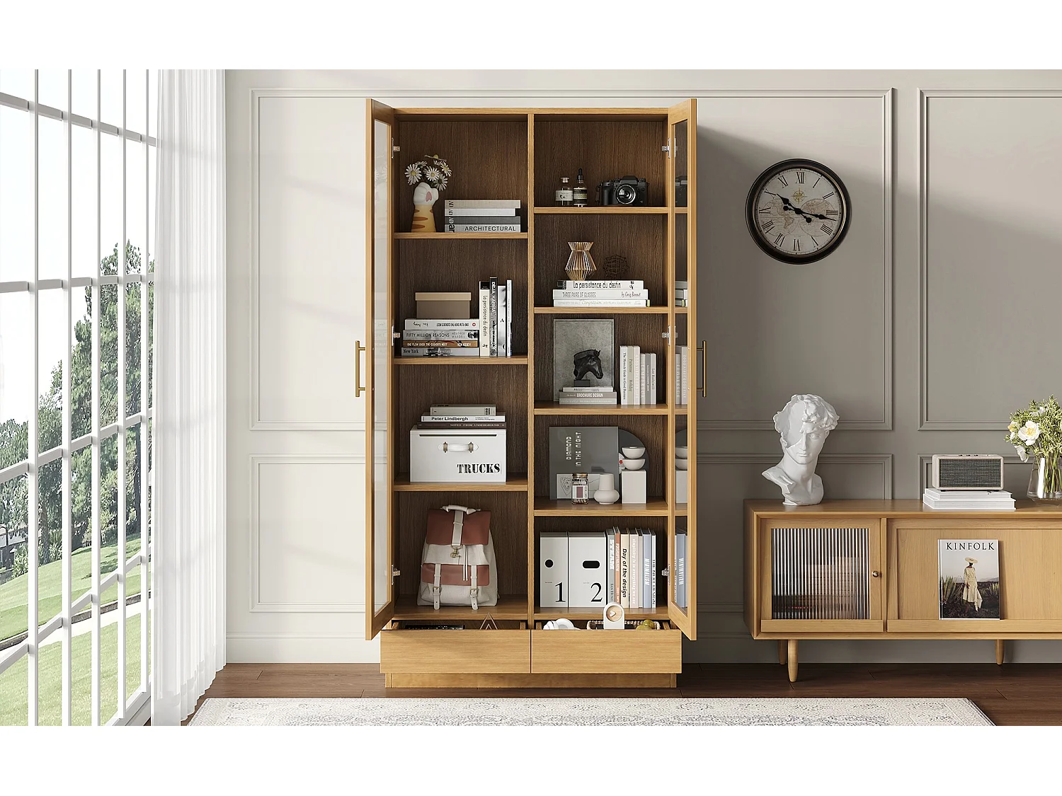 Vitrine en verre - 80 x 40 x 160 cm - étagères décalées - avec 2 tiroirs - MDF - naturel