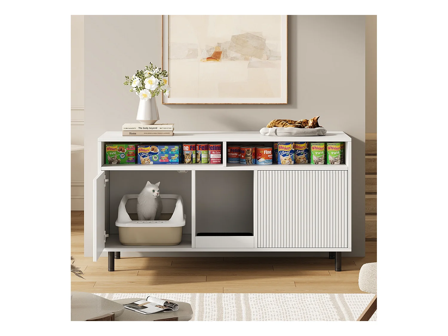 Buffet moderne - 120 x 50 x 66 cm - avec tapis de récupération de sable + 2 portes - MDF - blanc