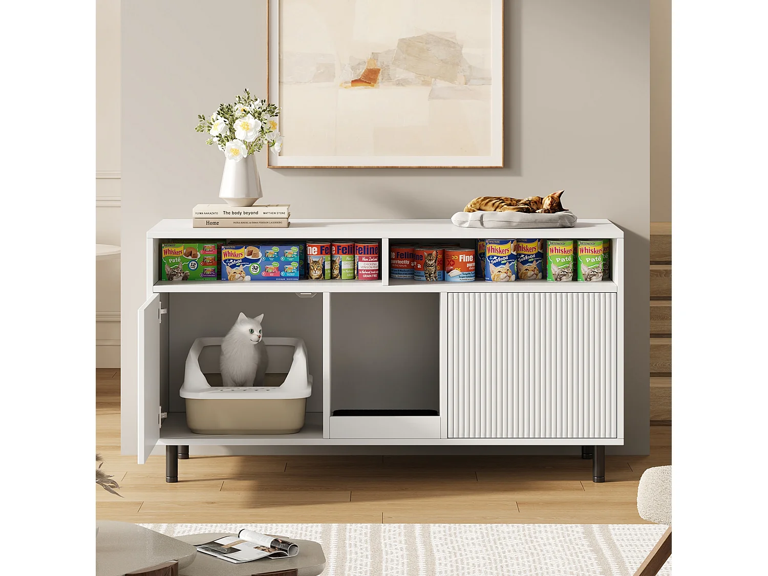 Nowoczesna komoda - 120 x 50 x 66 cm - z matą do zbierania piasku + 2 drzwi - MDF - biała