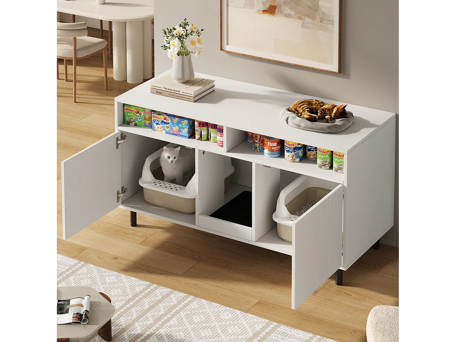 Nowoczesna komoda - 120 x 50 x 66 cm - z matą do zbierania piasku + 2 drzwi - MDF - biała