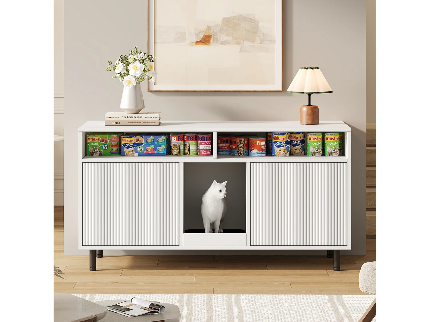 Nowoczesna komoda - 120 x 50 x 66 cm - z matą do zbierania piasku + 2 drzwi - MDF - biała