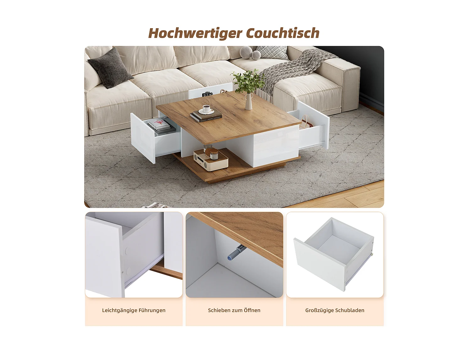 Stolik kawowy błyszczący - 70 x 70 x 31,5 cm - z 3 szufladami - stolik kawowy - płyta wiórowa - biały