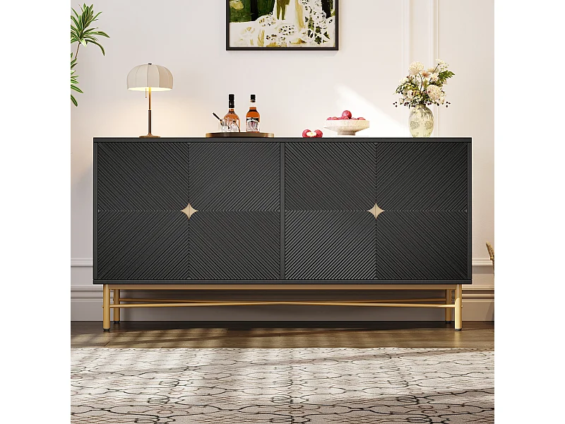 Buffet à texture en relief - 160 x 40 x 82 cm - avec 4 portes - pieds brillants - blanc - aggloméré - noir