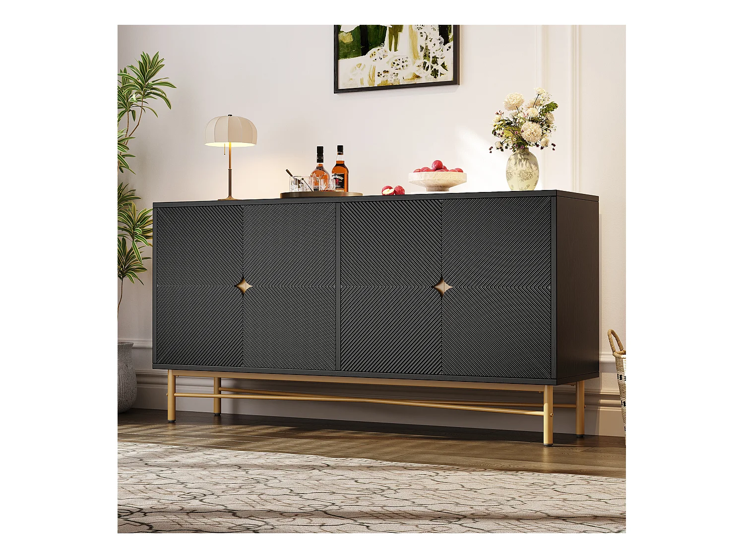 Buffet à texture en relief - 160 x 40 x 82 cm - avec 4 portes - pieds brillants - blanc - aggloméré - noir