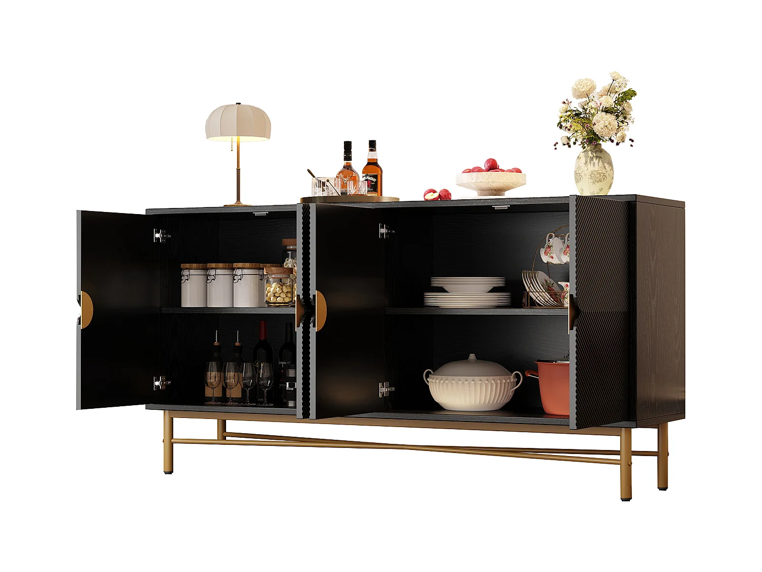 Buffet à texture en relief - 160 x 40 x 82 cm - avec 4 portes - pieds brillants - blanc - aggloméré - noir