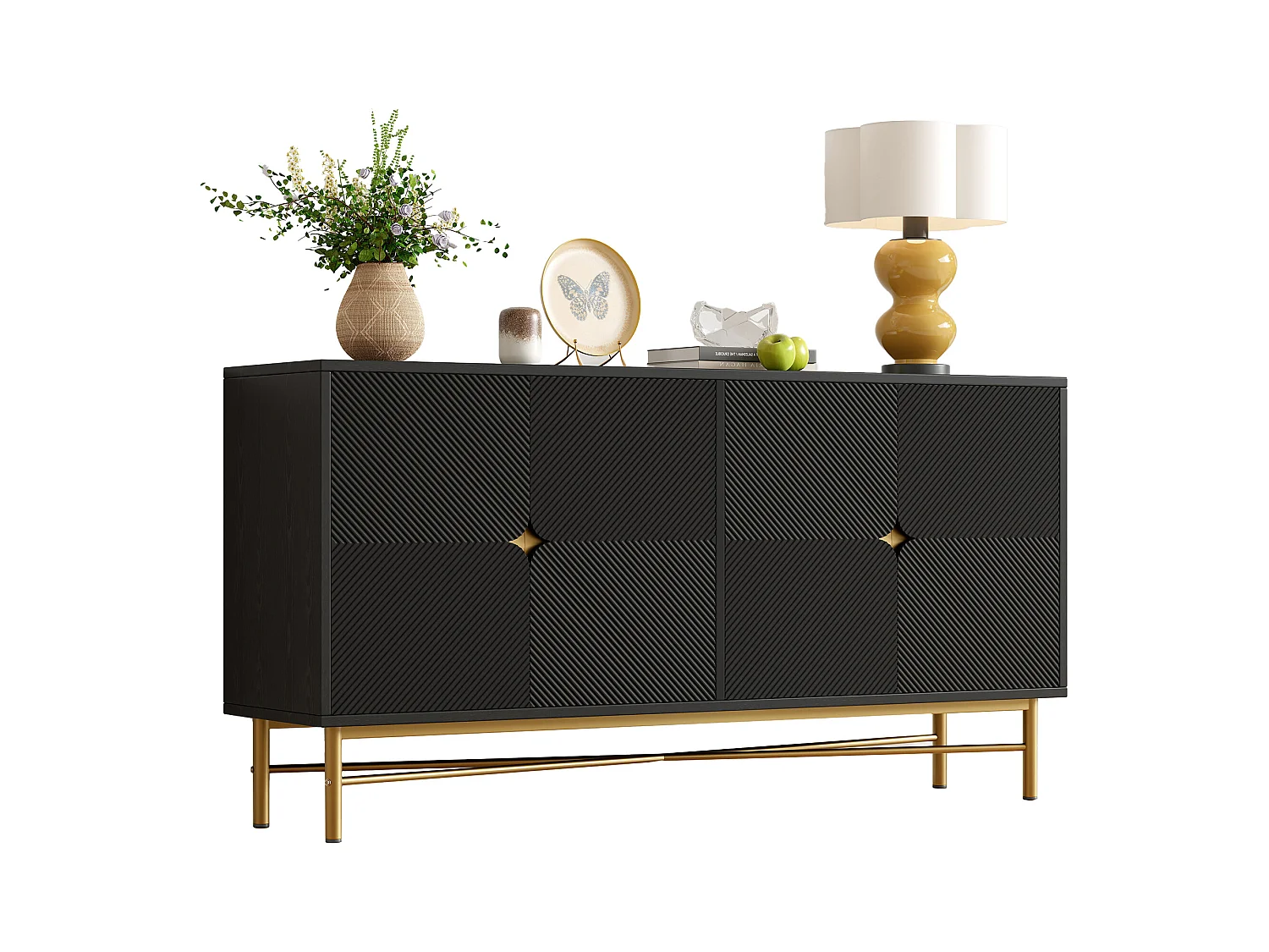 Buffet à texture en relief - 160 x 40 x 82 cm - avec 4 portes - pieds brillants - blanc - aggloméré - noir