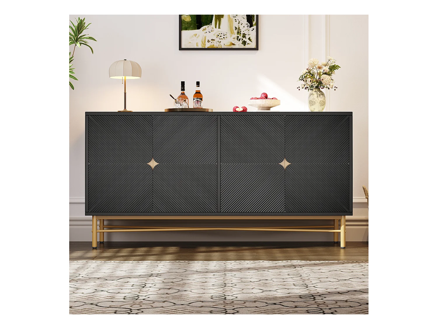 Strukturiertes Sideboard – 160 x 40 x 82 cm – mit 4 Türen – glänzende Beine – weiß – Spanplatte – schwarz