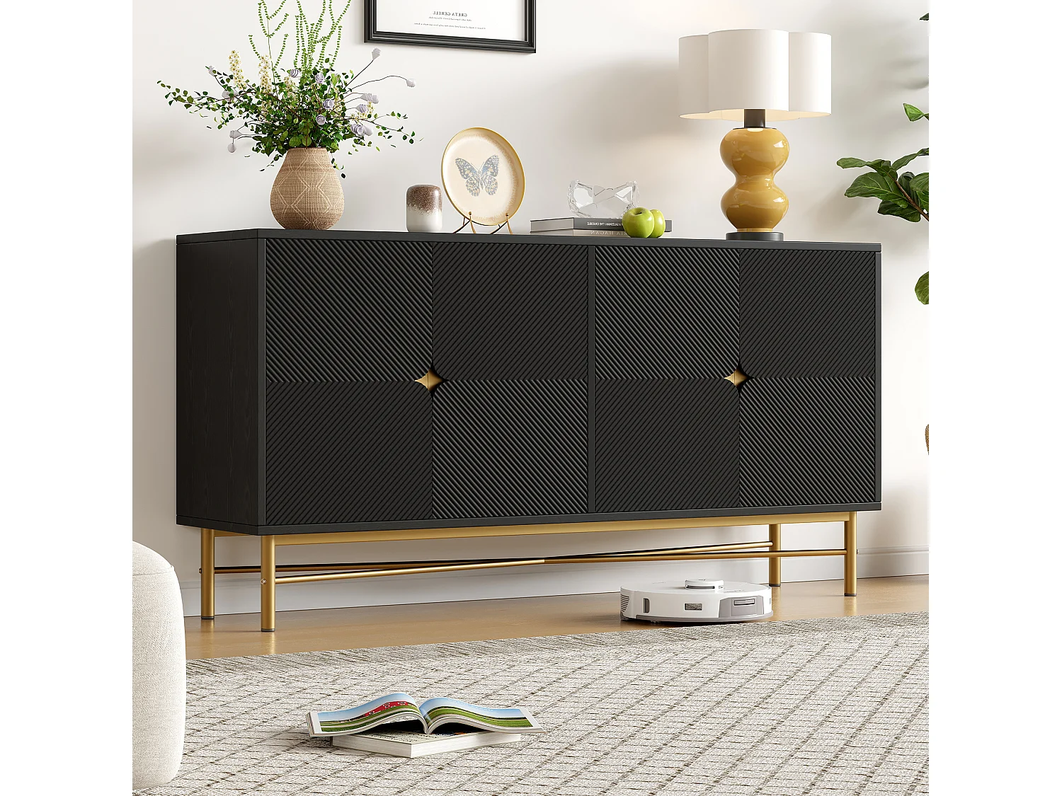 Buffet à texture en relief - 160 x 40 x 82 cm - avec 4 portes - pieds brillants - blanc - aggloméré - noir