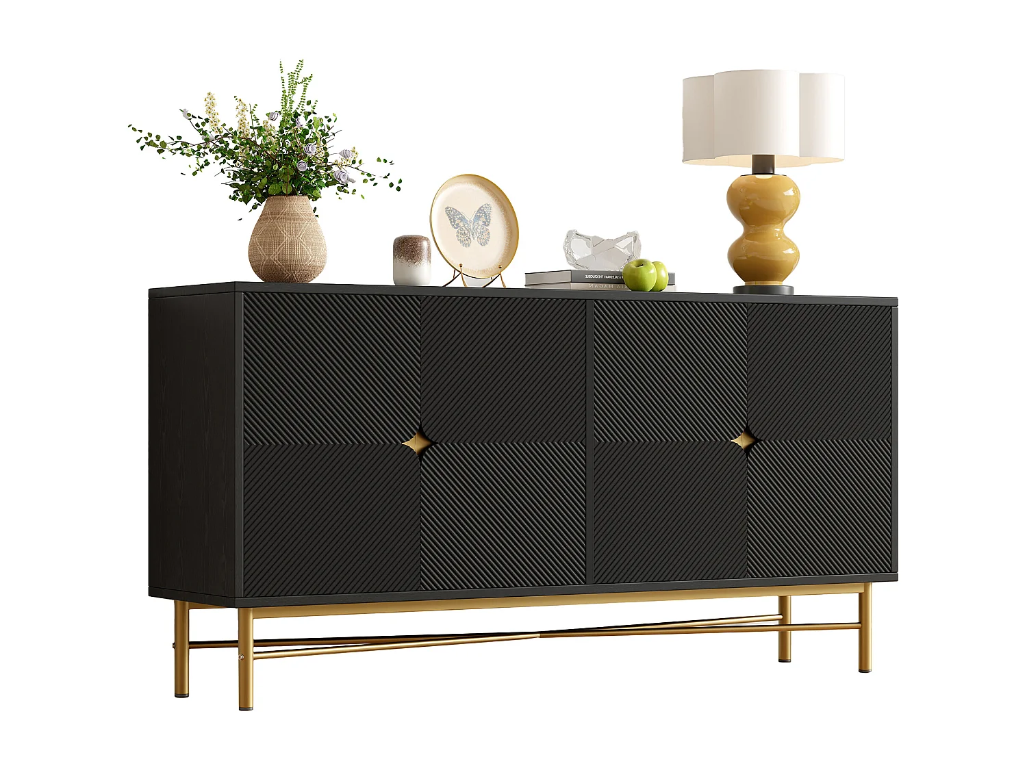 Buffet à texture en relief - 160 x 40 x 82 cm - avec 4 portes - pieds brillants - blanc - aggloméré - noir