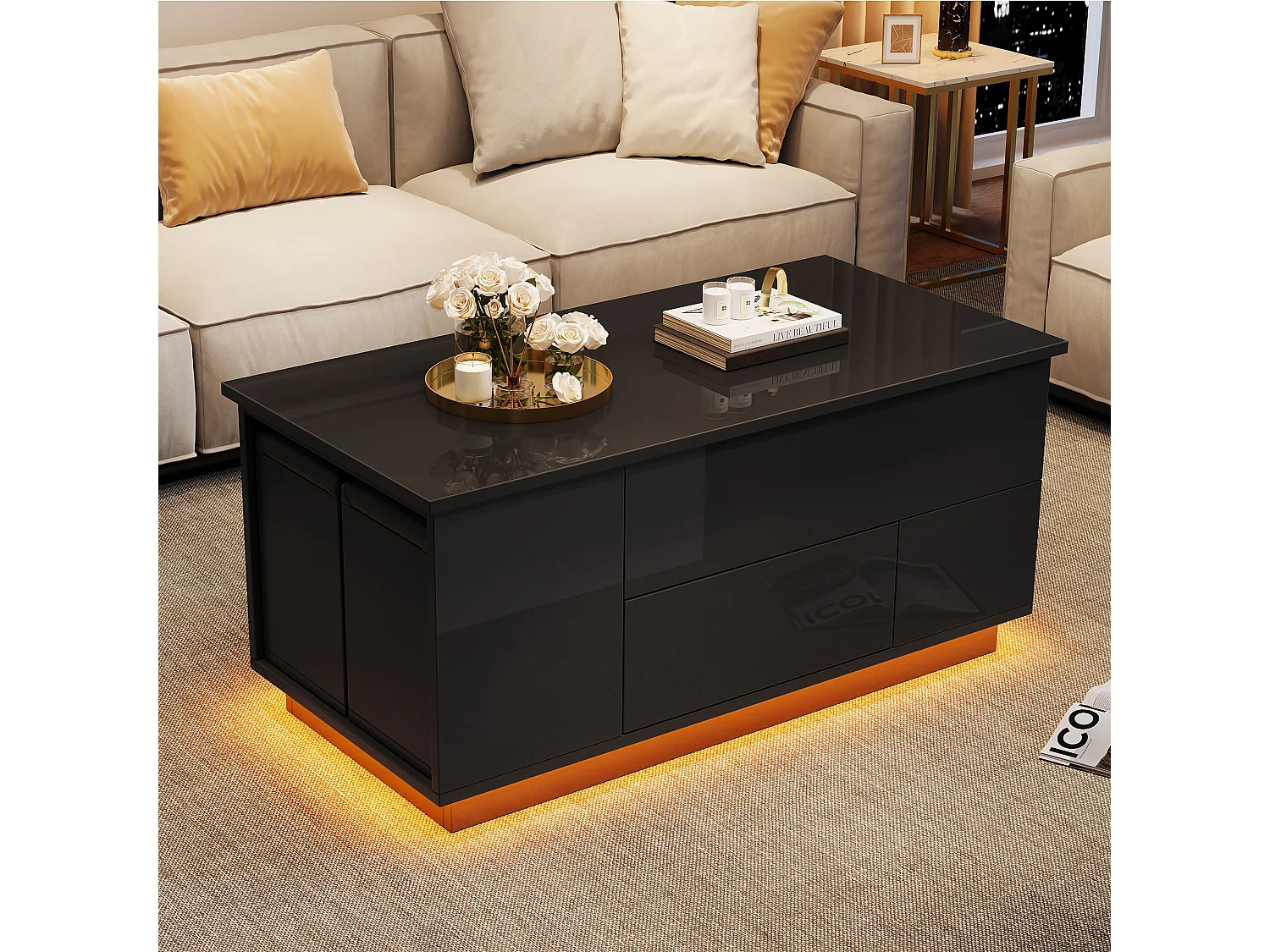 Mesa de centro elevatória 4 em 1 - 100 x 50 x 45 cm - com LEDs + 2 gavetas + 2 bancos - aglomerado - preto