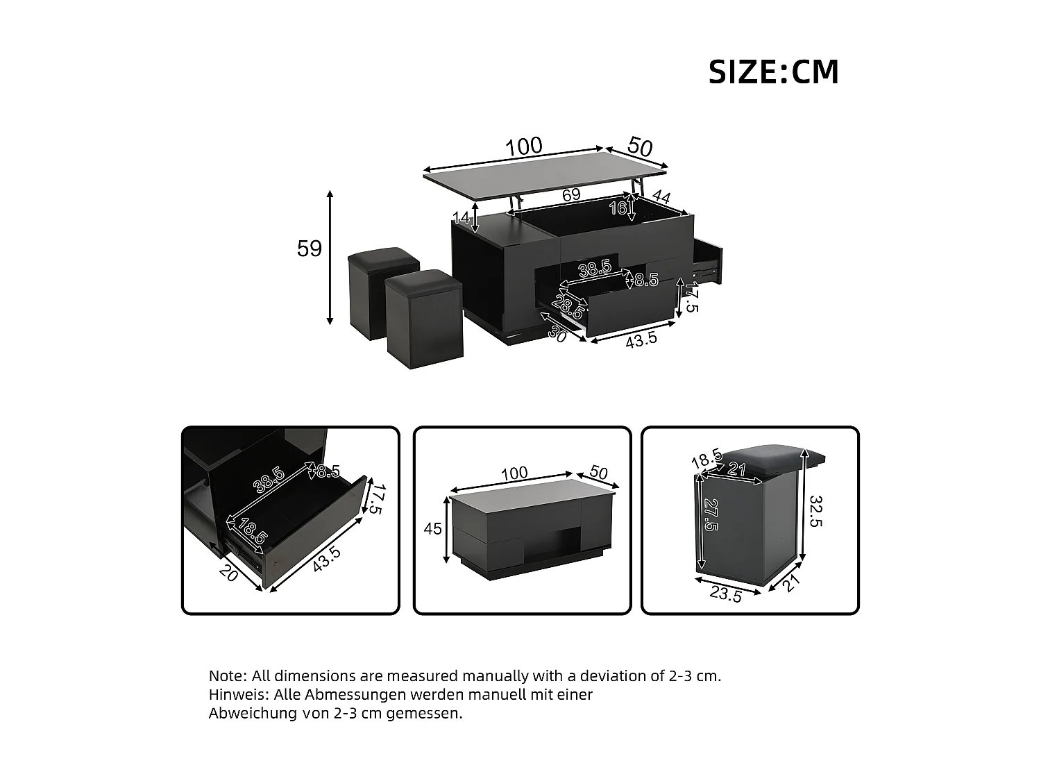 Mesa de centro elevatória 4 em 1 - 100 x 50 x 45 cm - com LEDs + 2 gavetas + 2 bancos - aglomerado - preto