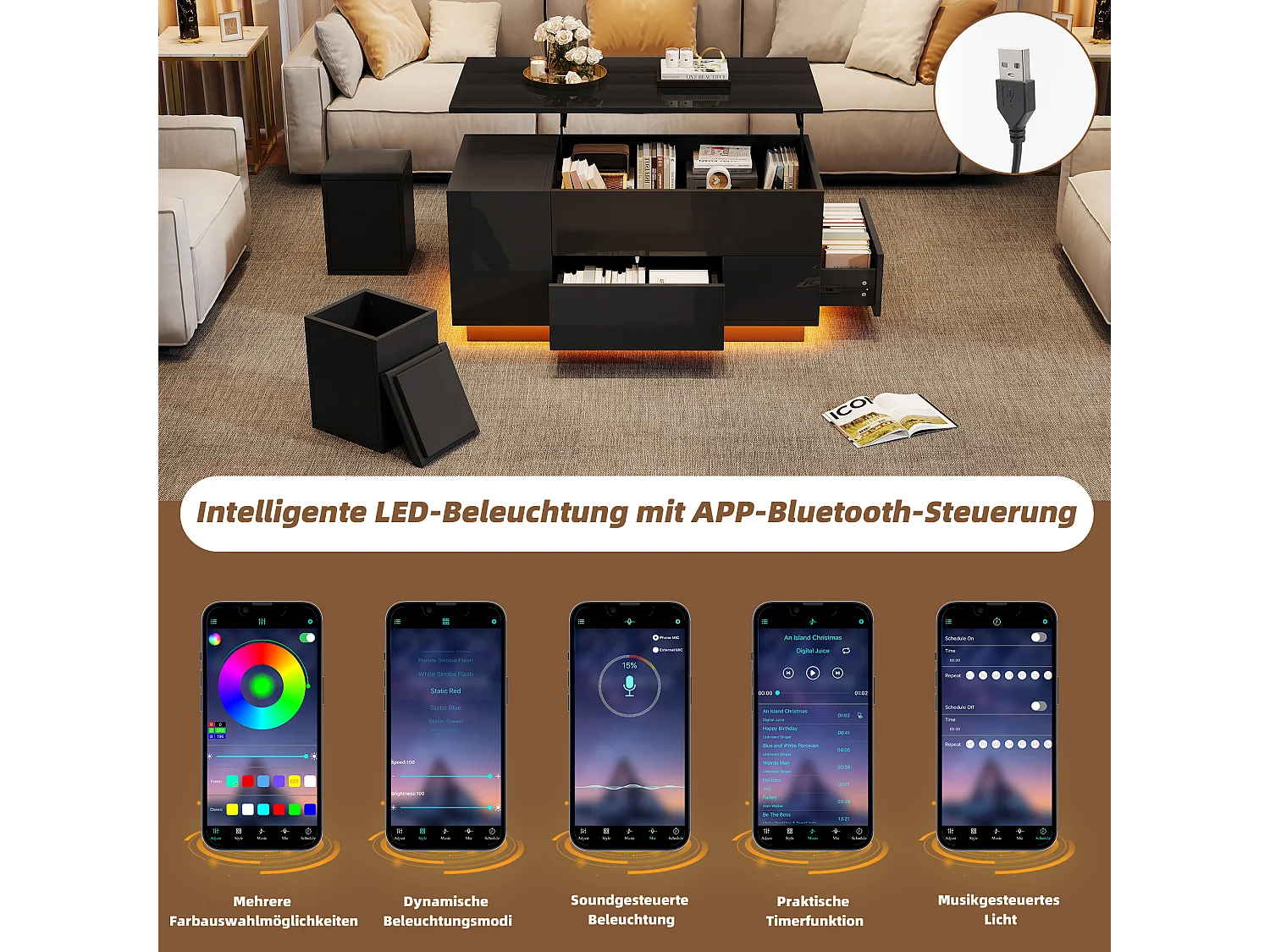 Mesa de centro elevatória 4 em 1 - 100 x 50 x 45 cm - com LEDs + 2 gavetas + 2 bancos - aglomerado - preto