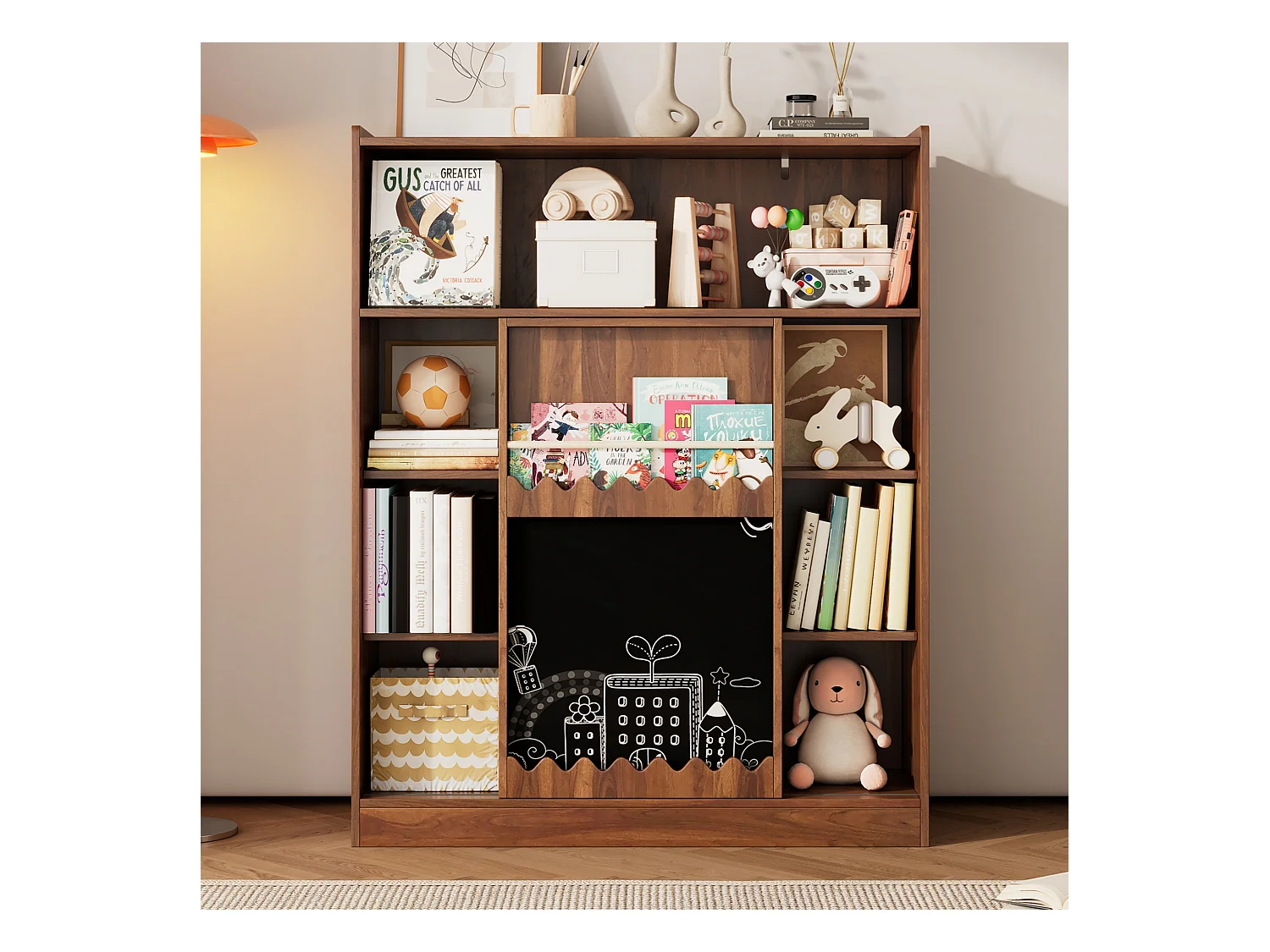 Bibliothèque avec planche à dessin - 120 x 38.5 x 151.5 - avec porte coulissantes - MDF - naturel