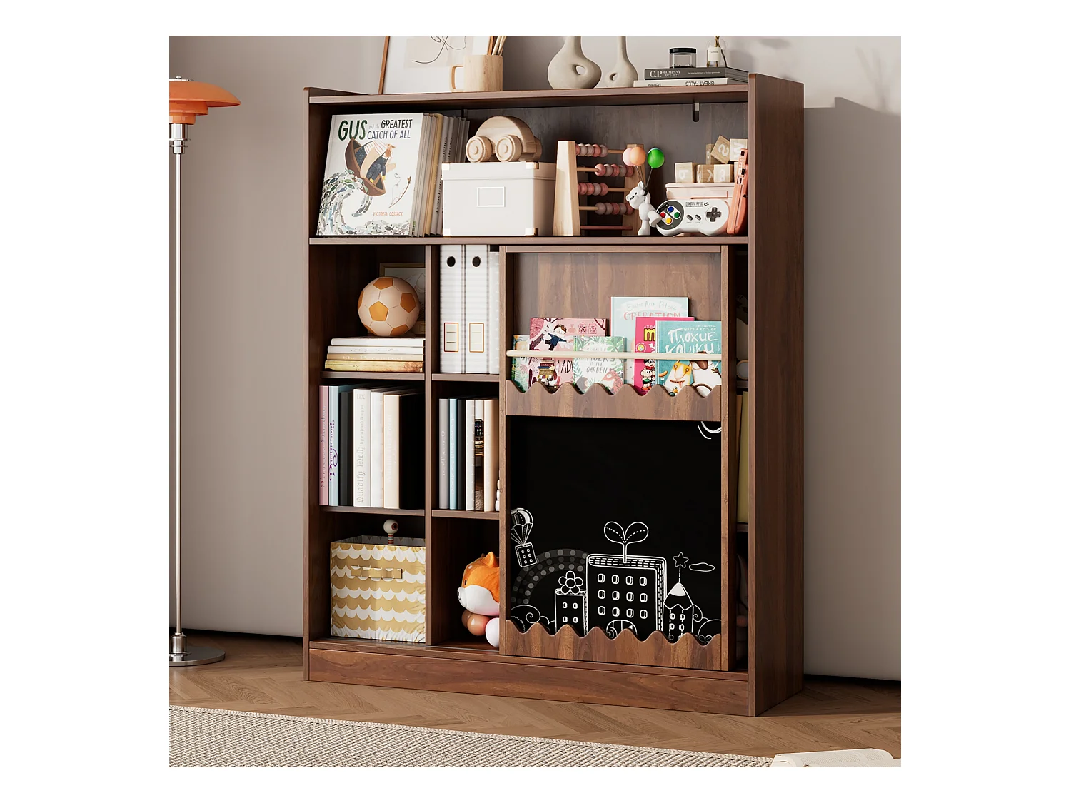 Bibliothèque avec planche à dessin - 120 x 38.5 x 151.5 - avec porte coulissantes - MDF - naturel