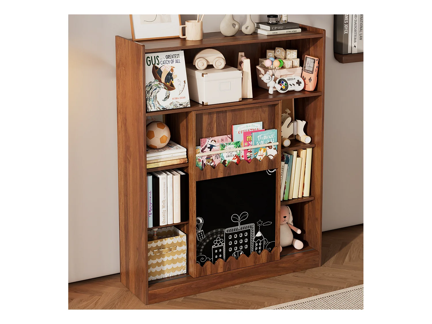 Bibliothèque avec planche à dessin - 120 x 38.5 x 151.5 - avec porte coulissantes - MDF - naturel