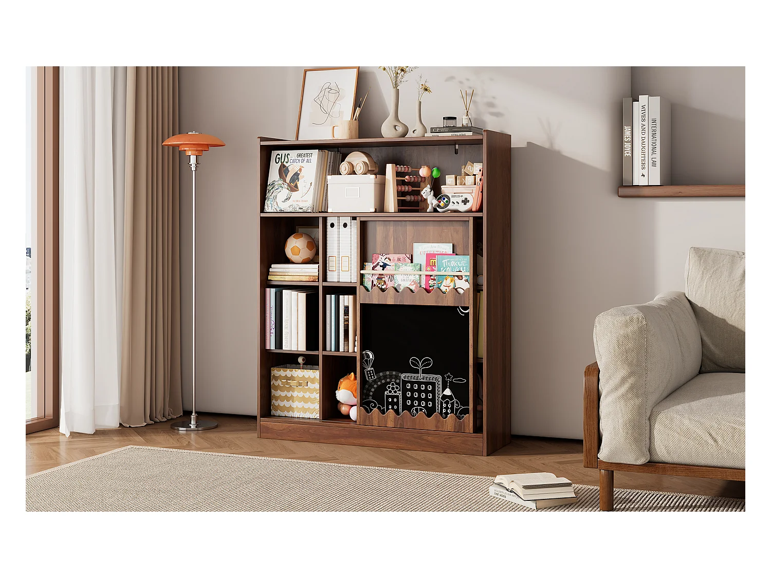 Bibliothèque avec planche à dessin - 120 x 38.5 x 151.5 - avec porte coulissantes - MDF - naturel