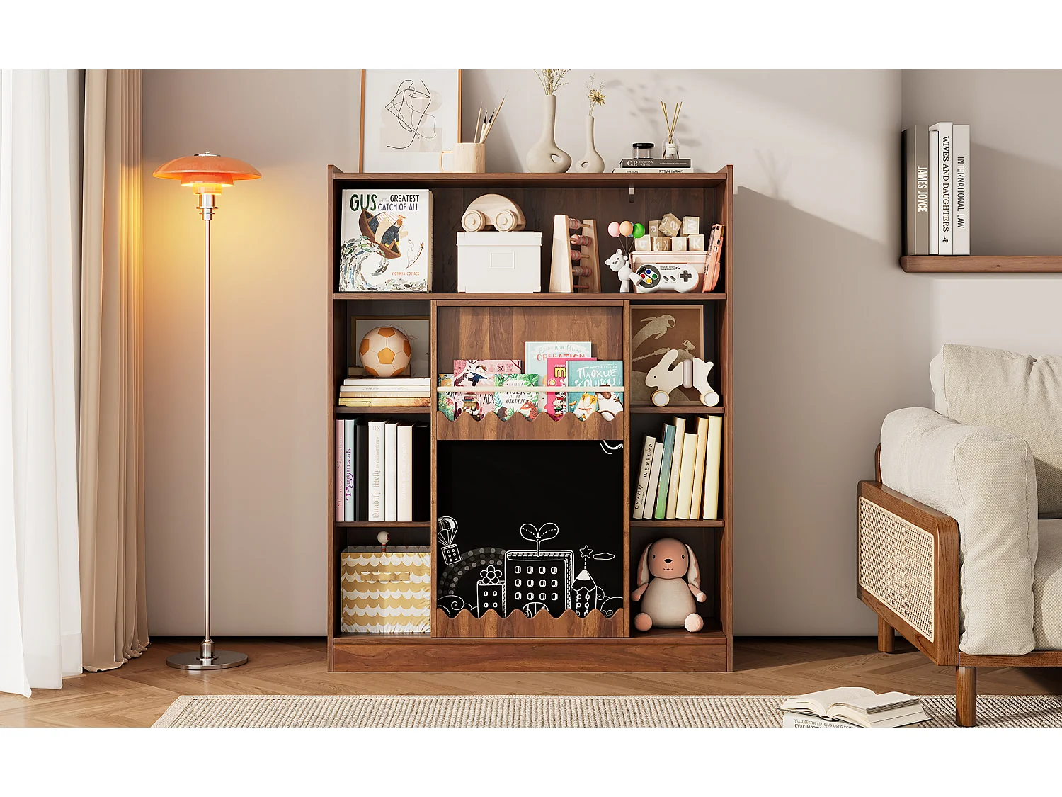 Bibliothèque avec planche à dessin - 120 x 38.5 x 151.5 - avec porte coulissantes - MDF - naturel