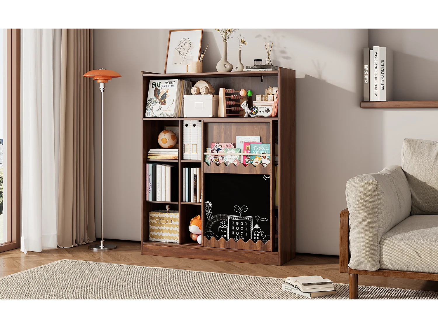 Bibliothèque avec planche à dessin - 120 x 38.5 x 151.5 - avec porte coulissantes - MDF - naturel