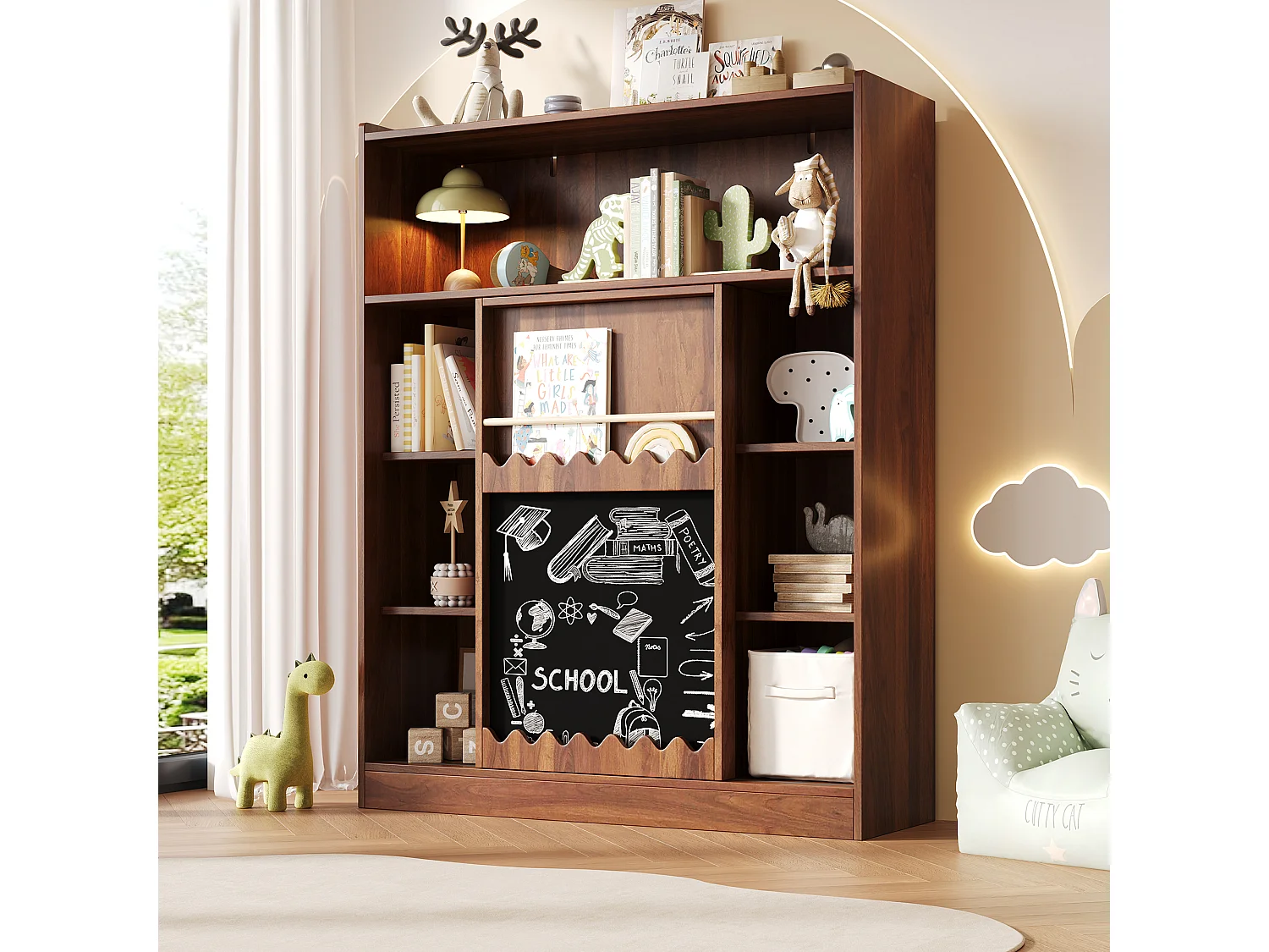 Bibliothèque avec planche à dessin - 120 x 38.5 x 151.5 - avec porte coulissantes - MDF - naturel