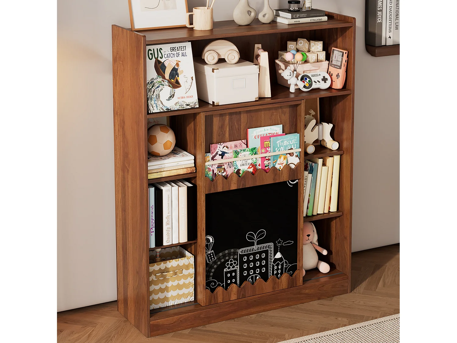 Bibliothèque avec planche à dessin - 120 x 38.5 x 151.5 - avec porte coulissantes - MDF - naturel