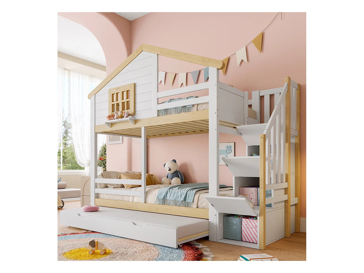 Kinderstapelbed - 2 x 90 x 200 cm - met uitschuifbed 90 x 190 cm - opbergladder - MDF - wit