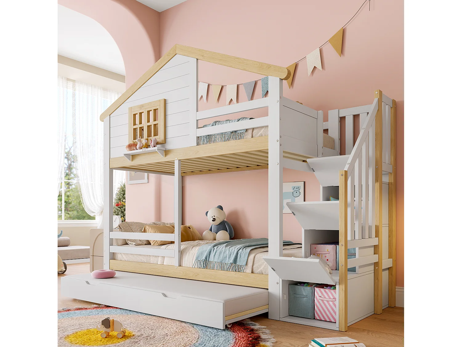 Beliche infantil - 2 x 90 x 200 cm - com cama auxiliar 90 x 190 cm - escada de armazenamento - MDF - branco
