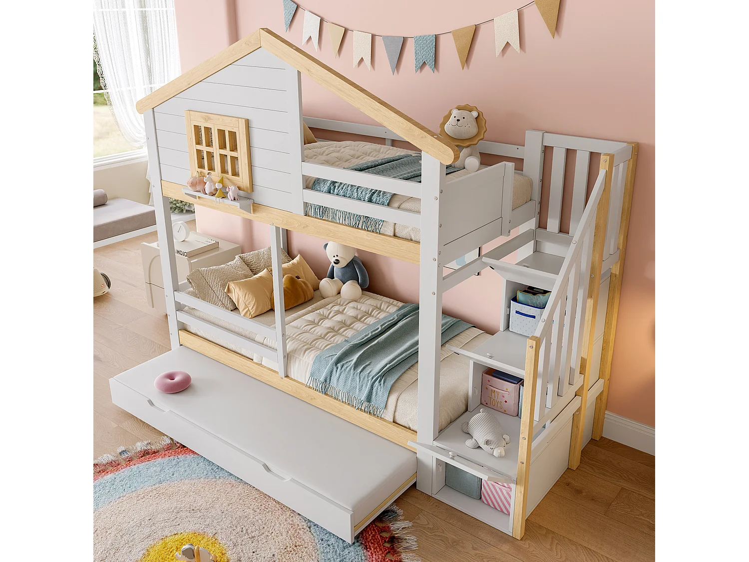 Beliche infantil - 2 x 90 x 200 cm - com cama auxiliar 90 x 190 cm - escada de armazenamento - MDF - branco