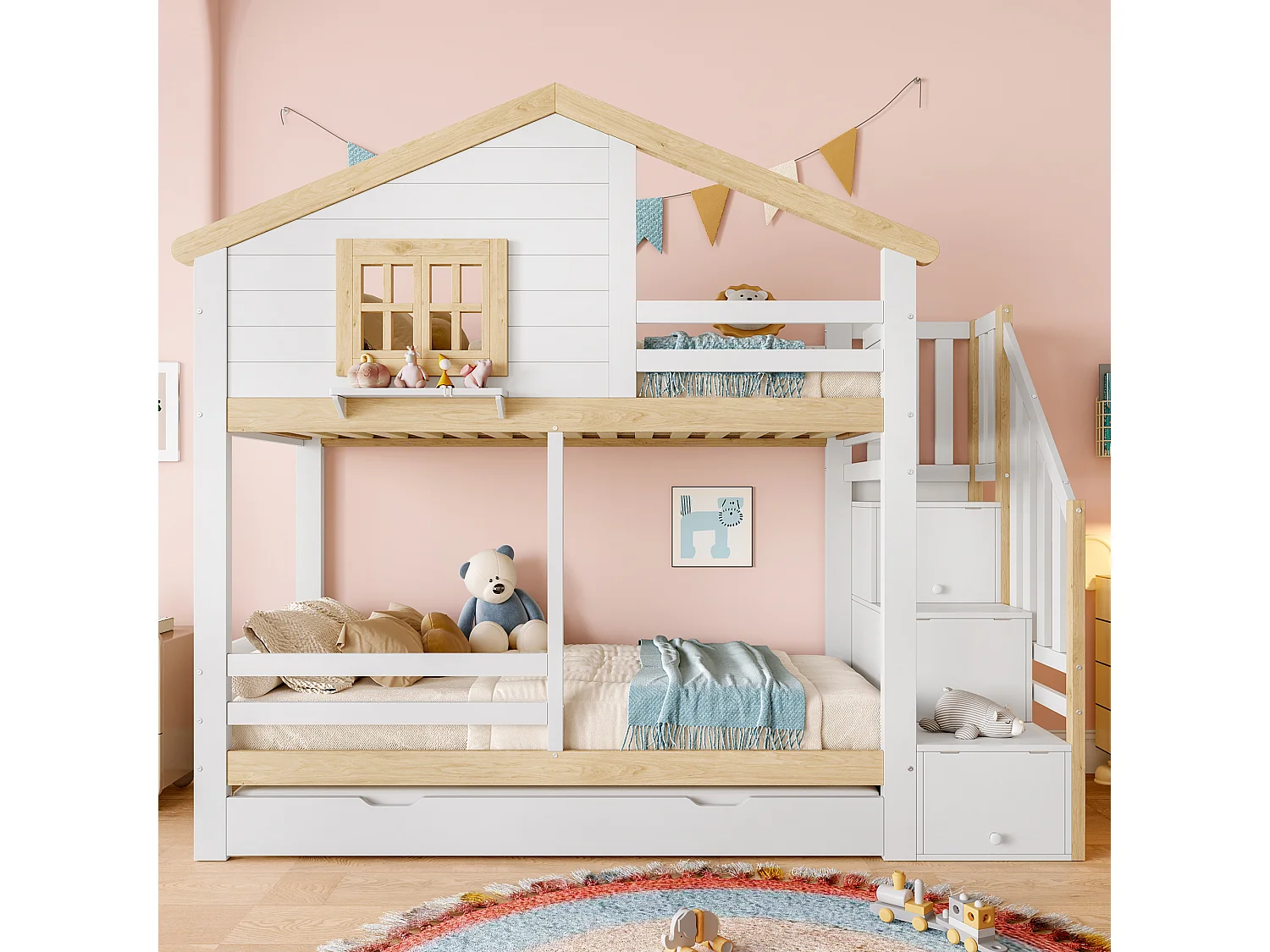 Beliche infantil - 2 x 90 x 200 cm - com cama auxiliar 90 x 190 cm - escada de armazenamento - MDF - branco