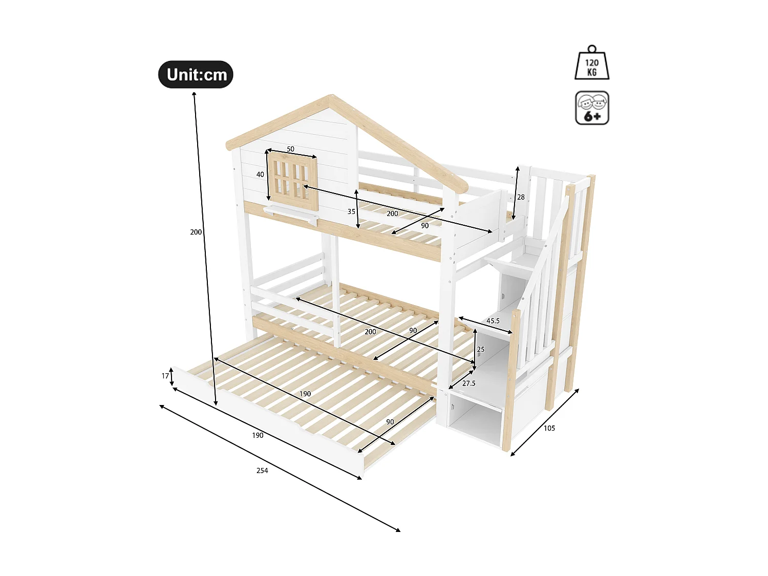 Beliche infantil - 2 x 90 x 200 cm - com cama auxiliar 90 x 190 cm - escada de armazenamento - MDF - branco