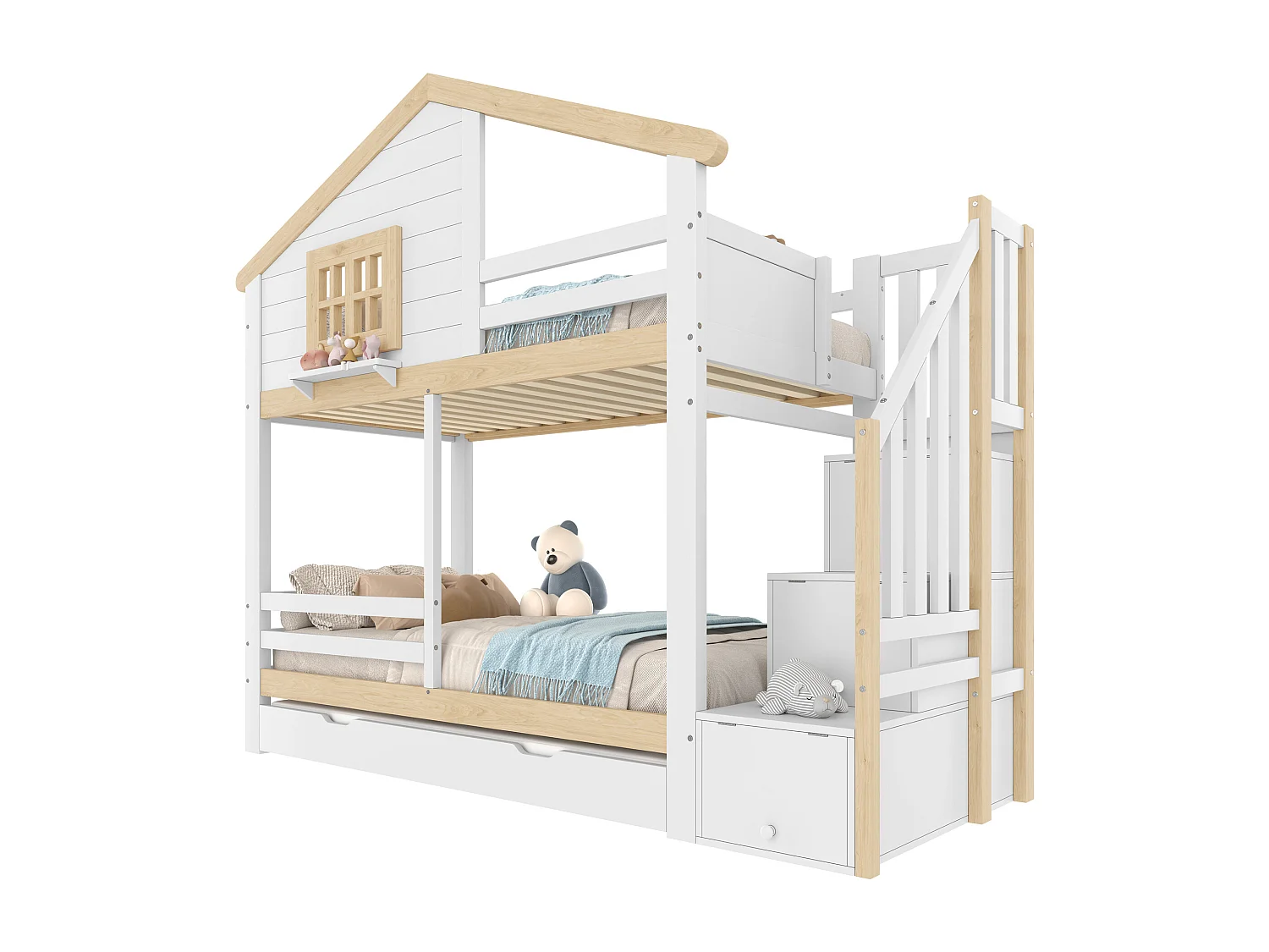 Beliche infantil - 2 x 90 x 200 cm - com cama auxiliar 90 x 190 cm - escada de armazenamento - MDF - branco