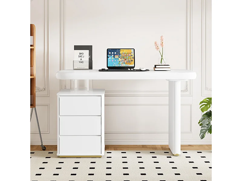 Nowoczesne biurko - 117 x 50 x 74 cm - kształt chmurki - z 3 szufladami - pogrubiony blat i nogi - płyta MDF - białe