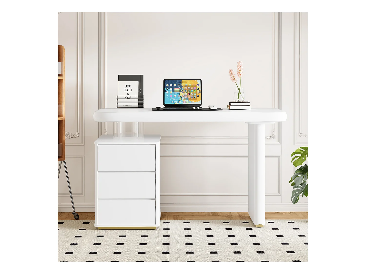 Bureau moderne - 117 x 50 x 74 cm - forme nuage - avec 3 tiroirs - plateau et pieds épaissis - MDF - blanc