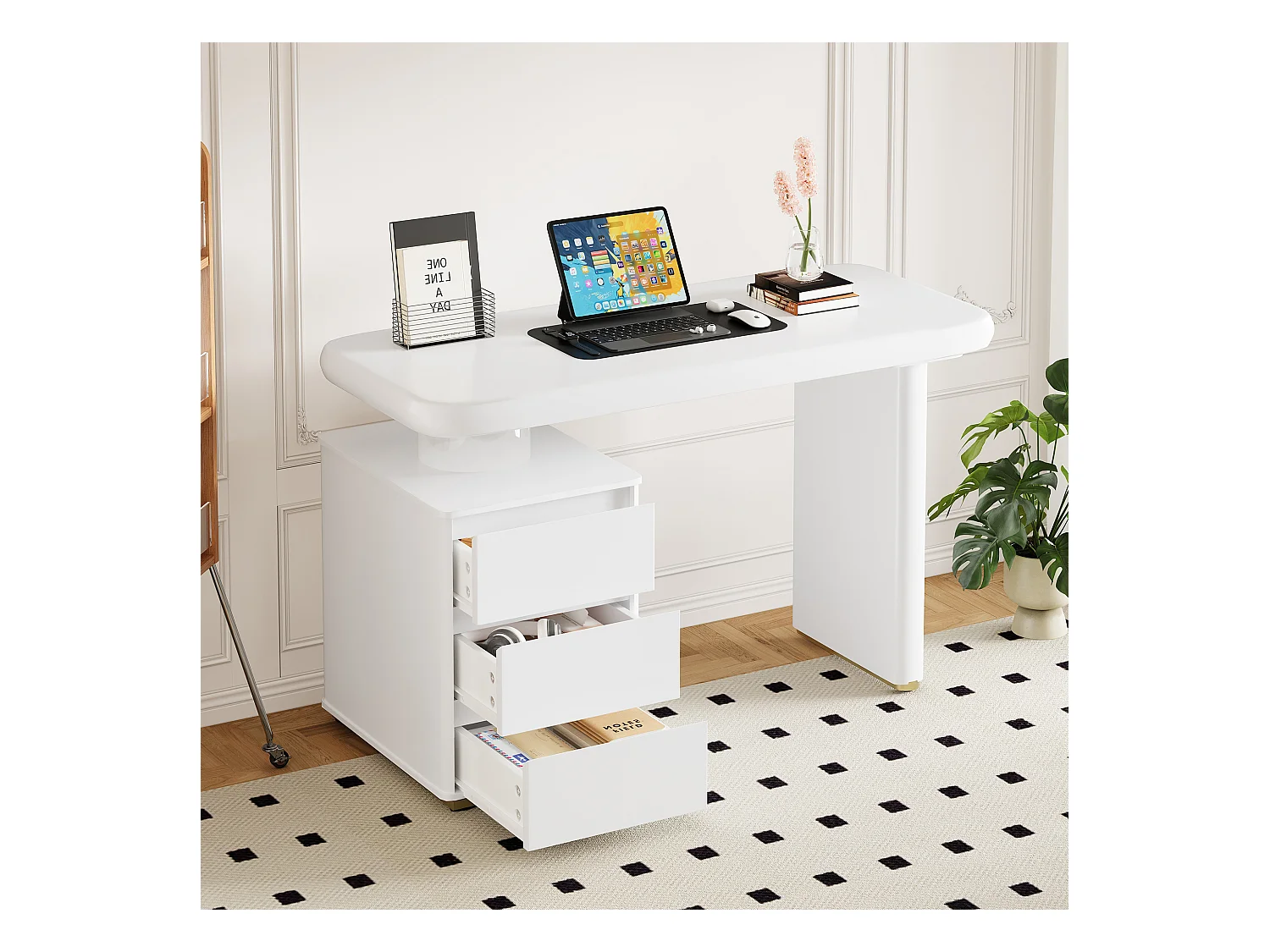 Bureau moderne - 117 x 50 x 74 cm - forme nuage - avec 3 tiroirs - plateau et pieds épaissis - MDF - blanc