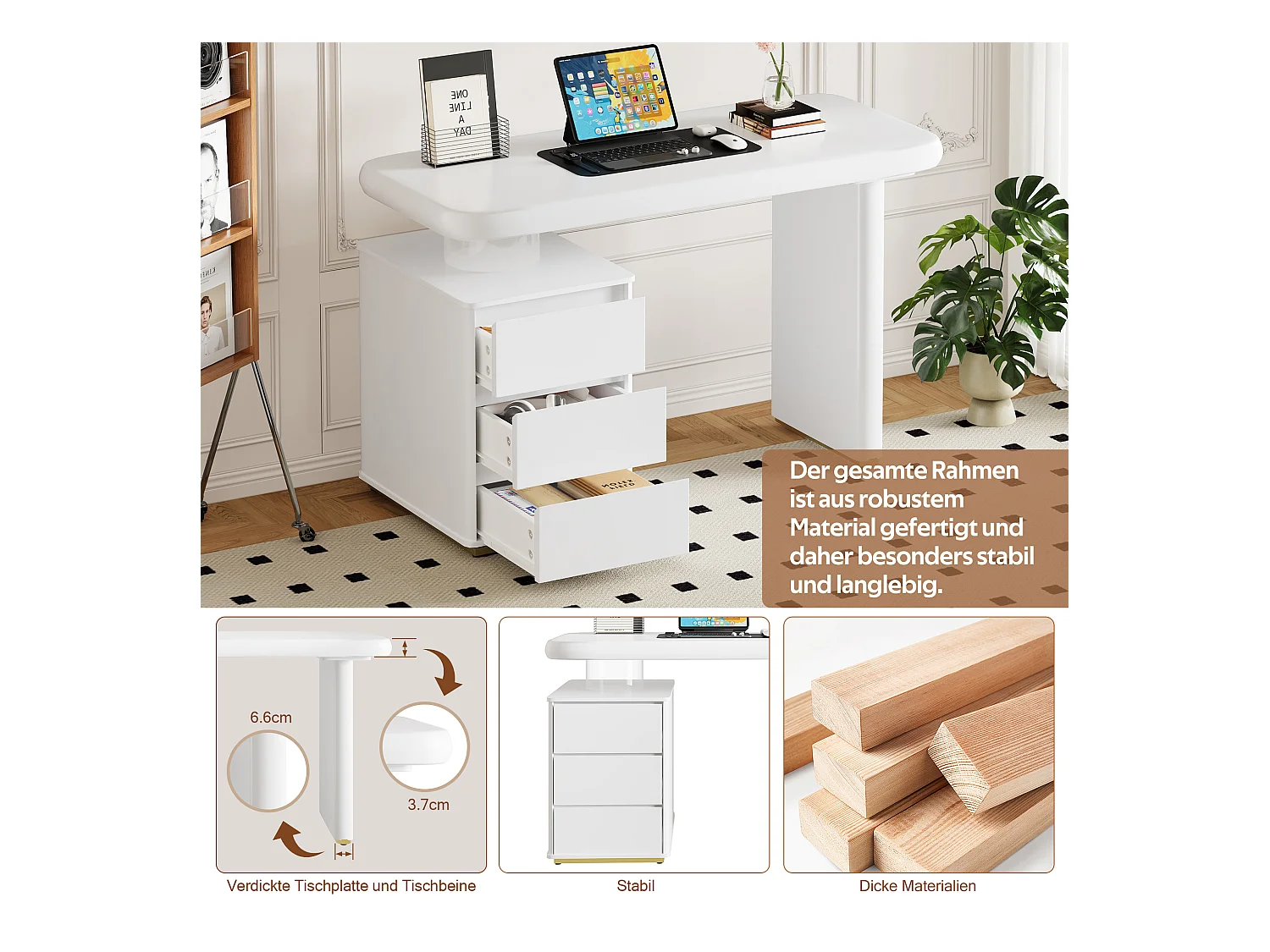 Bureau moderne - 117 x 50 x 74 cm - forme nuage - avec 3 tiroirs - plateau et pieds épaissis - MDF - blanc