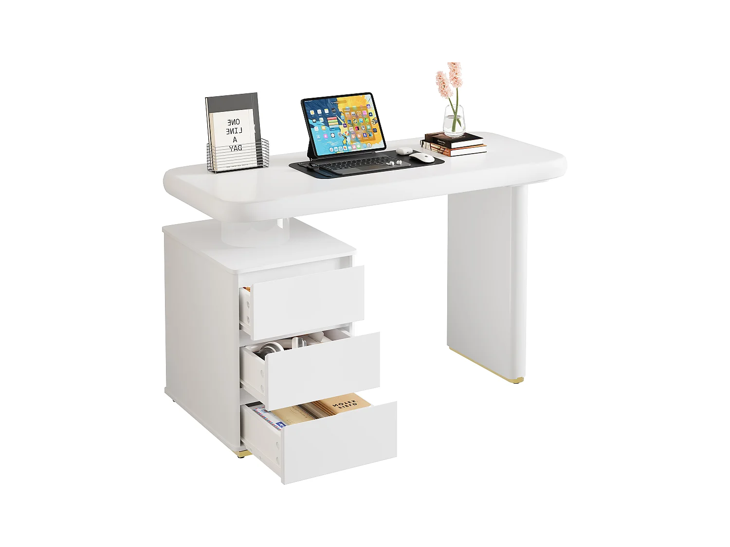 Bureau moderne - 117 x 50 x 74 cm - forme nuage - avec 3 tiroirs - plateau et pieds épaissis - MDF - blanc