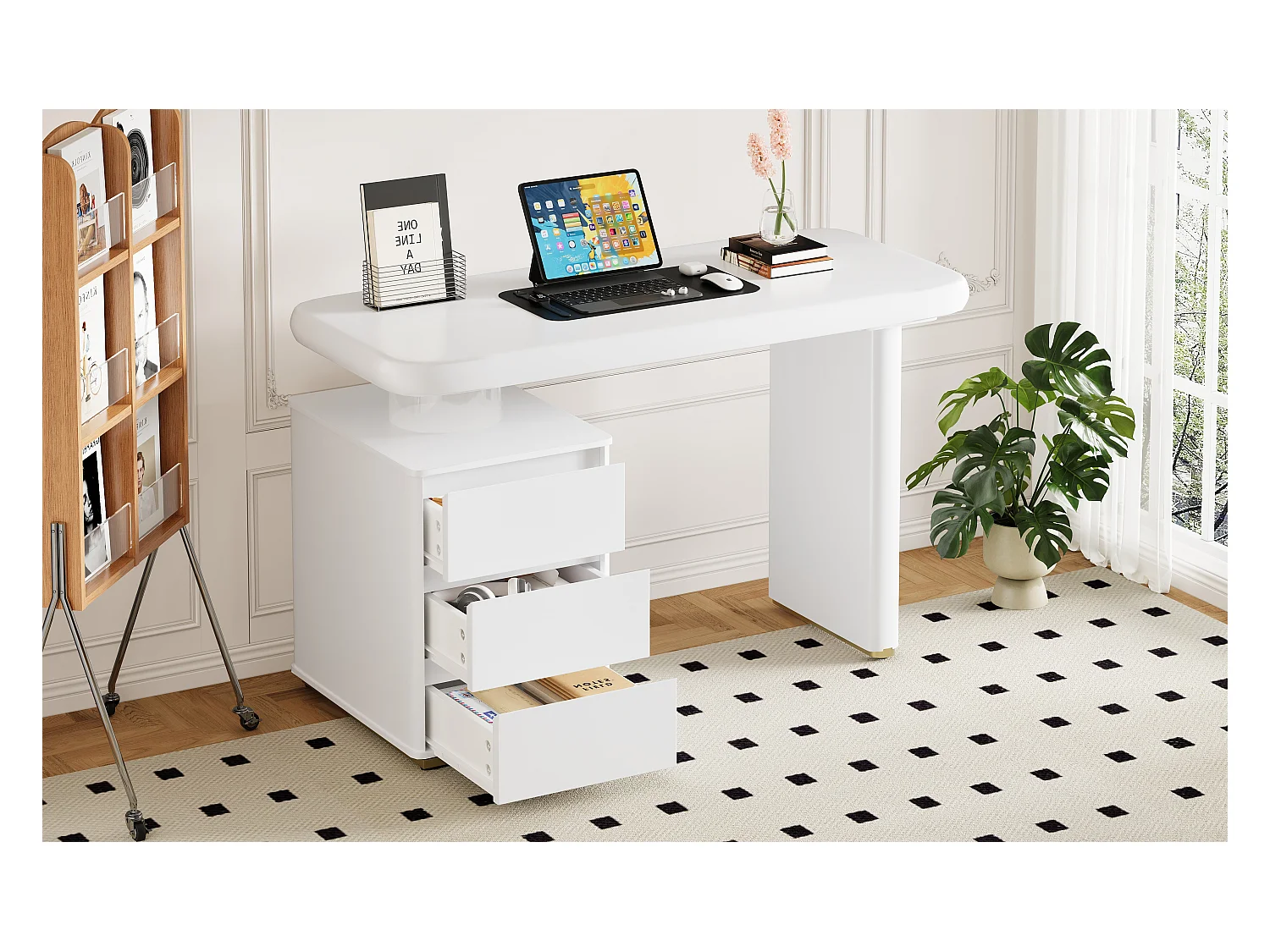 Bureau moderne - 117 x 50 x 74 cm - forme nuage - avec 3 tiroirs - plateau et pieds épaissis - MDF - blanc