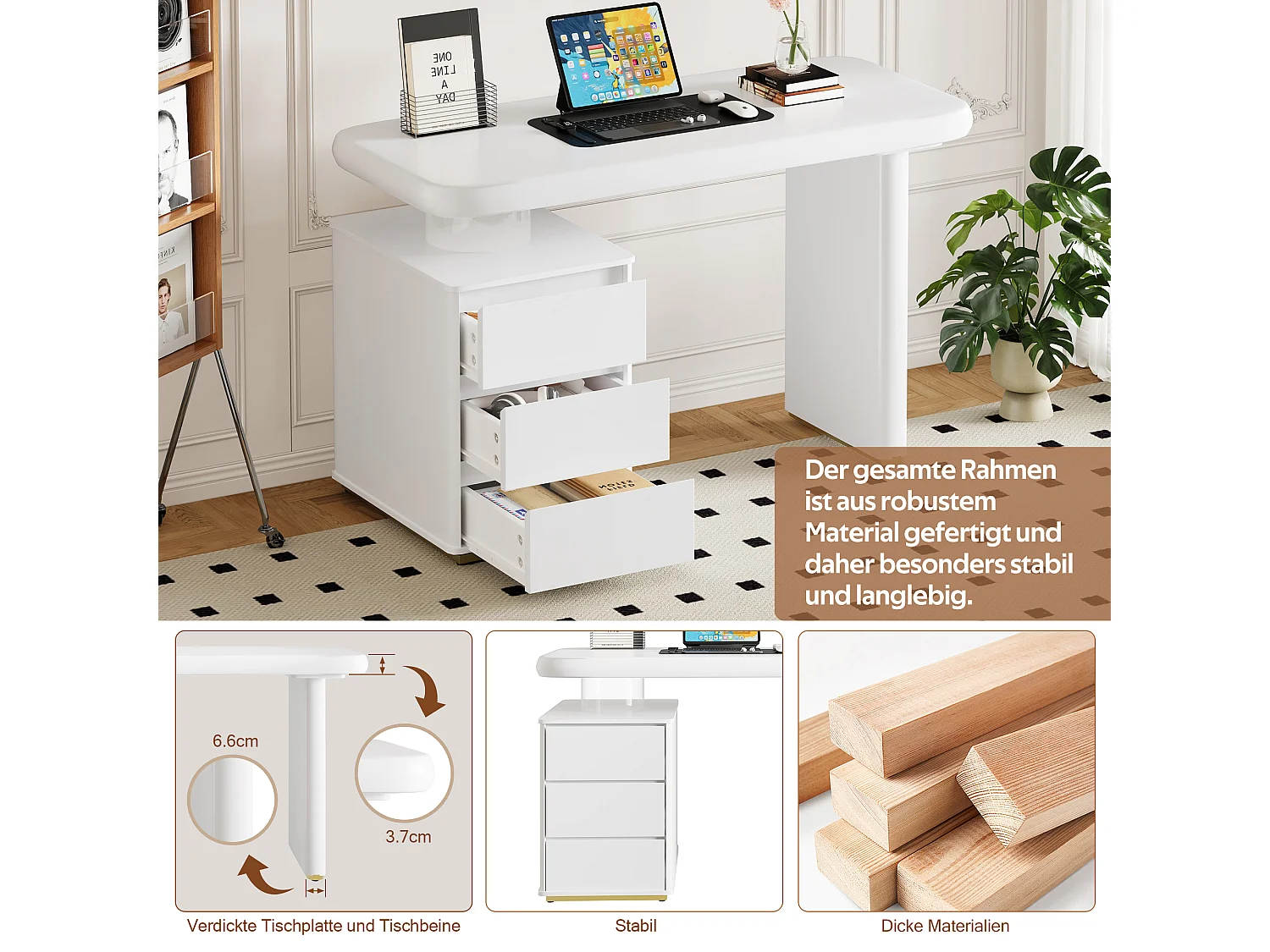 Bureau moderne - 117 x 50 x 74 cm - forme nuage - avec 3 tiroirs - plateau et pieds épaissis - MDF - blanc