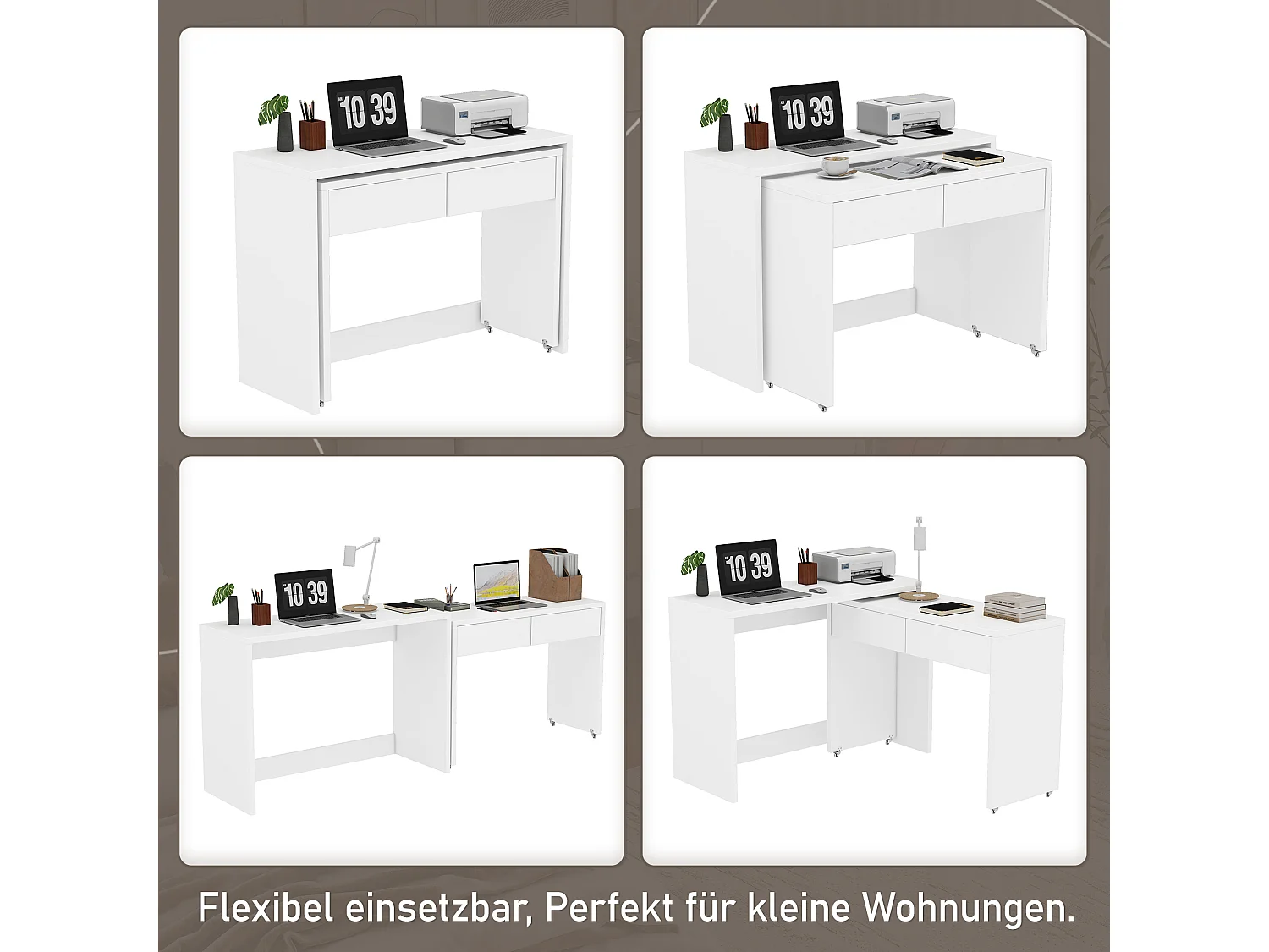 Scrivania pieghevole 2 in 1 - 110 x 40 x 78 cm - Ripiano scrivania + cassettiera 2 cassetti - truciolato - bianco