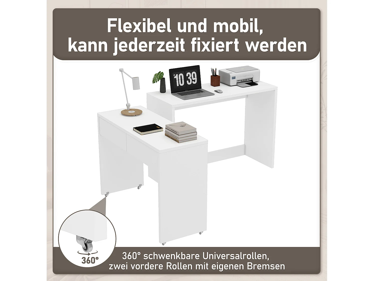 Scrivania pieghevole 2 in 1 - 110 x 40 x 78 cm - Ripiano scrivania + cassettiera 2 cassetti - truciolato - bianco