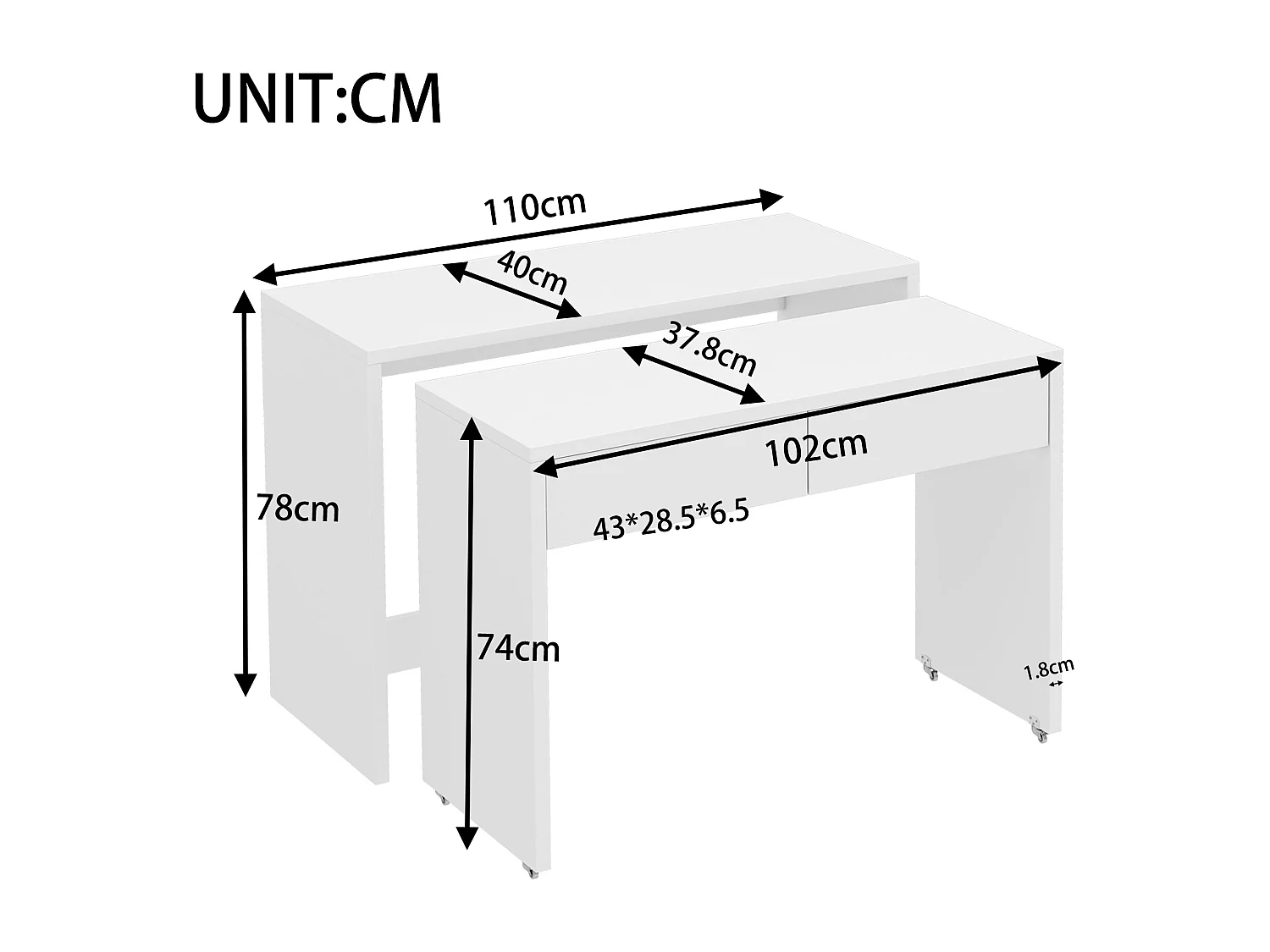 Scrivania pieghevole 2 in 1 - 110 x 40 x 78 cm - Ripiano scrivania + cassettiera 2 cassetti - truciolato - bianco