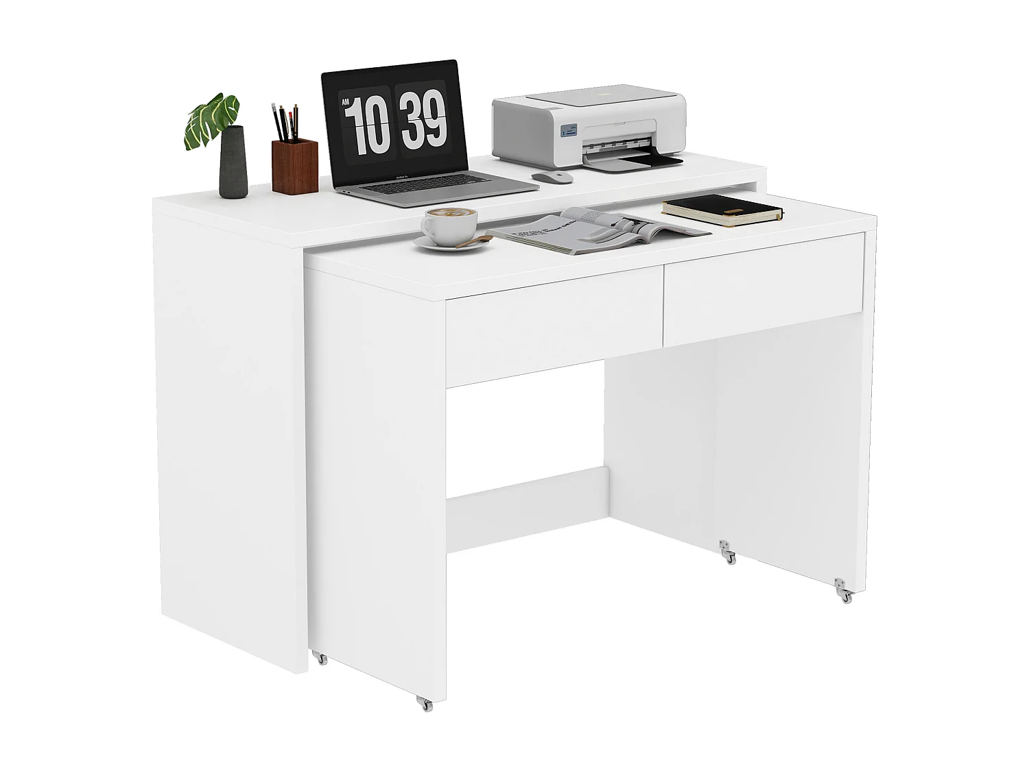 Scrivania pieghevole 2 in 1 - 110 x 40 x 78 cm - Ripiano scrivania + cassettiera 2 cassetti - truciolato - bianco